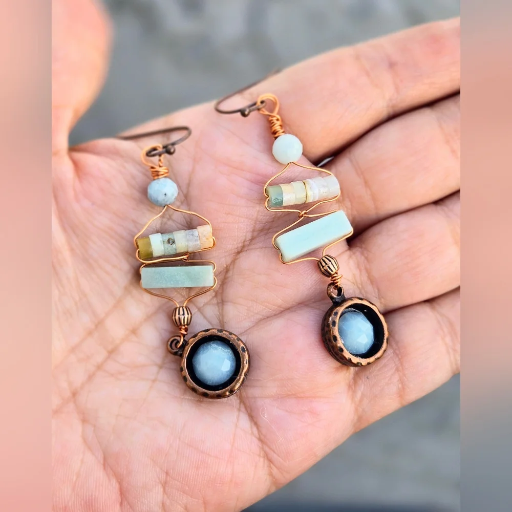 Natural Amazonite In The Scythian Spirit Set In Antique Copper Artifact Earrings - Picture 7 of 11